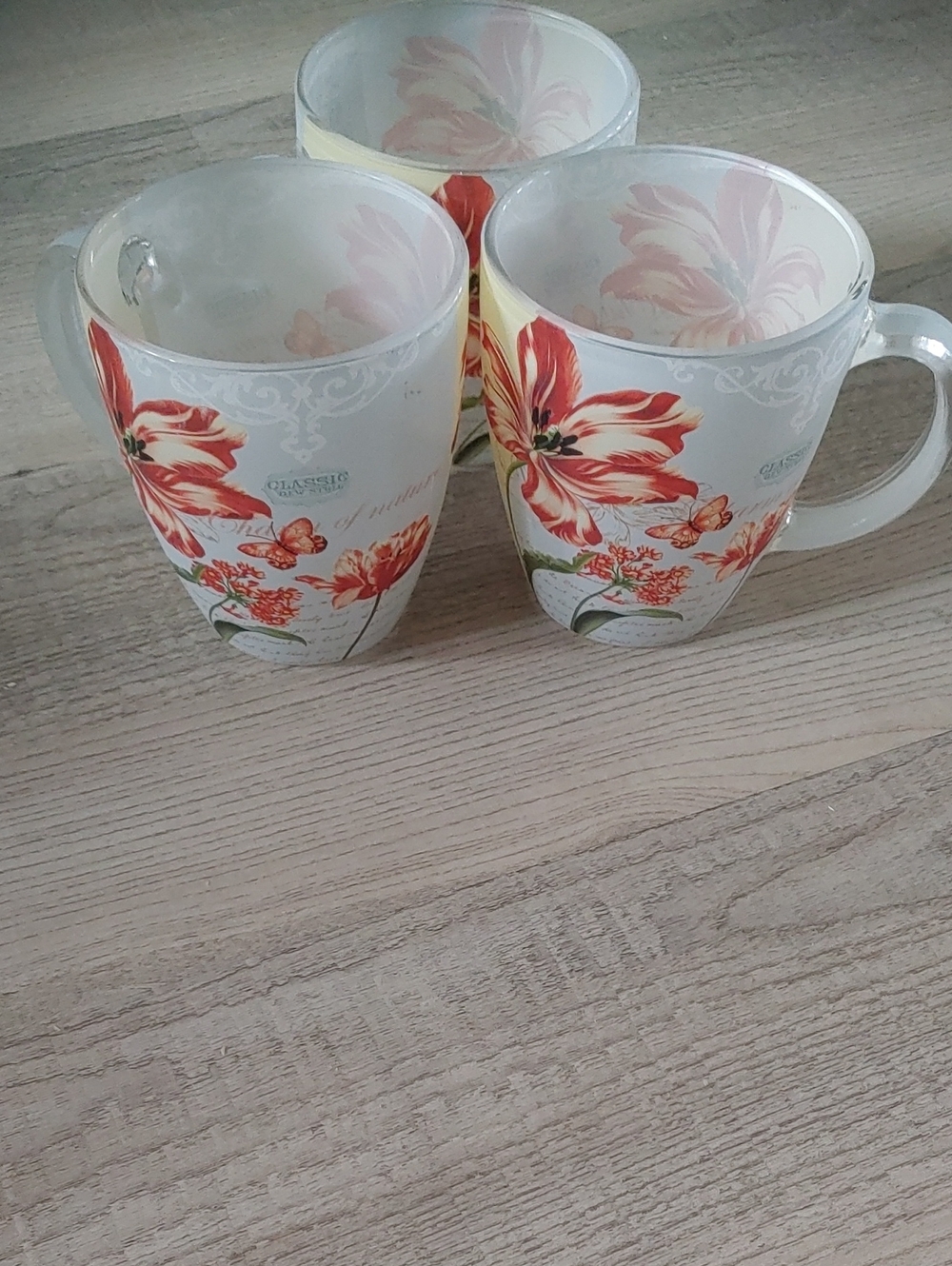 Floral Glass Coffee Mug Set — Red Tulip Print (Set of 3)